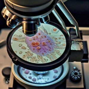 Microscope showing cell samples in a lab