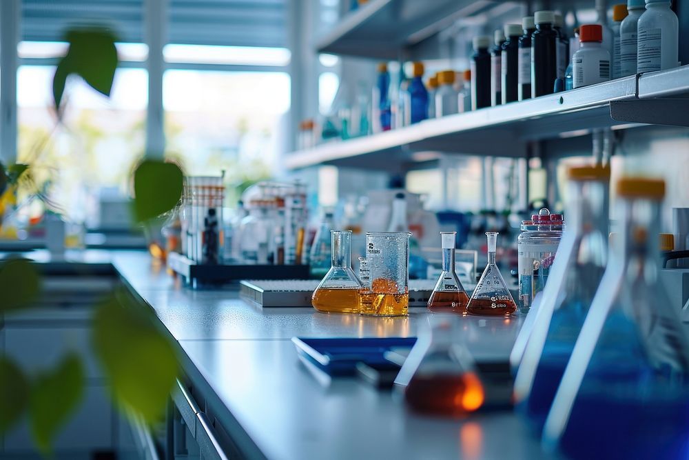Modern laboratory with glassware, reagents, and equipment for scientific research and experiments
