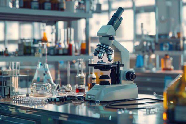 Microscope and some glass apparatus in a laboratory